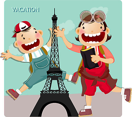 EPS 주간 전신 커플 계절 여자 교육 남자 어린이 여행 일러스트 방학 휴가 여름방학 서기 사람 소녀 소년 야외 두명 여름 여름휴가 바캉스 탑 로맨틱 에펠탑 파리_프랑스 어린이만 국내일러스트 자연요소 건축물 컨셉 관계 모션 프랑스 파리 랜드마크 파일형식 벡터 여름_계절