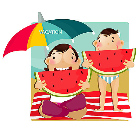 EPS 주간 전신 계절 여자 교육 남자 어린이 과일 일러스트 방학 수박 여름방학 서기 사람 앉기 소녀 소년 해변 야외 두명 여름 여름휴가 바캉스 파라솔 어린이만 국내일러스트 자연요소 바다 모션 휴가 파일형식 벡터 여름_계절
