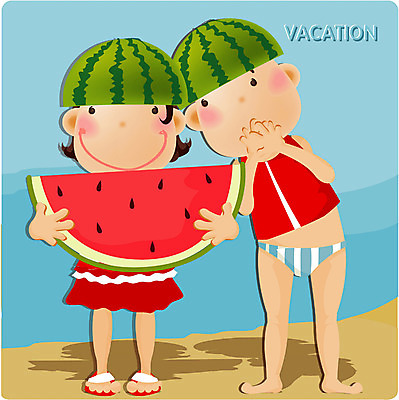 EPS 주간 전신 계절 여자 교육 남자 수영복 어린이 과일 일러스트 방학 수박 여름방학 서기 사람 소녀 소년 해변 야외 두명 여름 여름휴가 바캉스 어린이만 국내일러스트 자연요소 옷 바다 모션 휴가 파일형식 벡터 여름_계절
