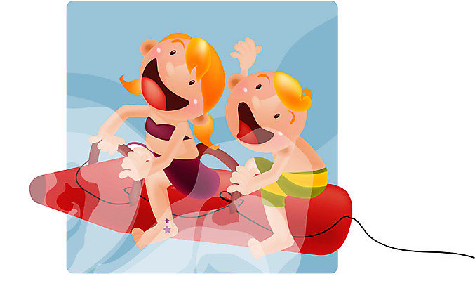 EPS 여자 남자 어린이 여행 일러스트 레저 휴가 사람 소녀 소년 두명 레포츠 금발 보트 바나나보트 선박 어린이만 국내일러스트 헤어스타일 수상교통 배_교통 파일형식 벡터