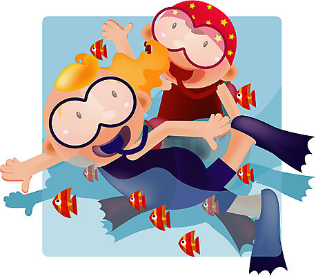 EPS 전신 여자 남자 어린이 바다 일러스트 어류 사람 소녀 소년 두명 여름 레포츠 금발 스노클링 오리발 어린이만 국내일러스트 헤어스타일 계절 레저 수중동물 수상스포츠 파일형식 벡터