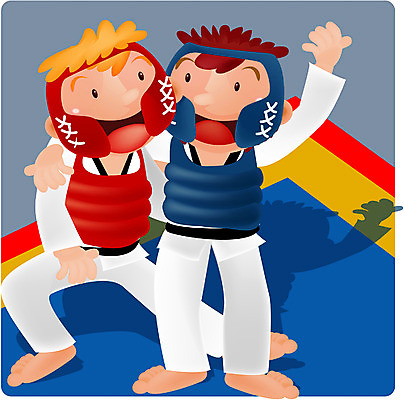 EPS 전신 서양인 백인 남자 어린이 스포츠 올림픽 유니폼 일러스트 하계올림픽 운동선수 도복 서기 사람 경기 소년 두명 금발 운동 태권도 남자만 어린이만 소년만 국내일러스트 외국인 헤어스타일 옷 모션 건강 격투기 파일형식 벡터