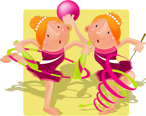 EPS 전신 여자 리본 어린이 스포츠 올림픽 유니폼 일러스트 공 운동선수 실내 서기 사람 소녀 두명 금발 리듬체조 생활체조 체조 여자만 어린이만 소녀만 국내일러스트 헤어스타일 옷 모션 내부 운동 파일형식 벡터