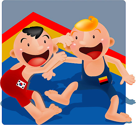 EPS 전신 서양인 백인 남자 어린이 스포츠 올림픽 유니폼 일러스트 운동선수 한국 독일 서기 사람 경기 소년 두명 금발 레슬링 레슬러 남자만 어린이만 소년만 국내일러스트 외국인 헤어스타일 옷 유럽 아시아 모션 격투기 파일형식 벡터