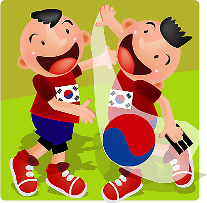 EPS 전신 남자 어린이 스포츠 올림픽 유니폼 일러스트 하계올림픽 축구선수 운동선수 서기 사람 소년 두명 구기 축구 태극기 남자만 어린이만 소년만 월드싸커 국내일러스트 옷 모션 국기 파일형식 벡터