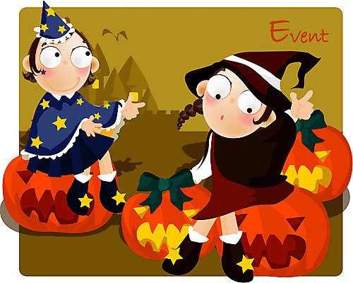 EPS 여자 기념일 어린이 일러스트 호박 사람 앉기 소녀 이벤트 두명 할로윈 마법사 마녀 마법 여자만 어린이만 소녀만 국내일러스트 채소 모션 파일형식 벡터