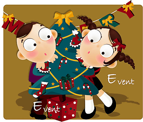 EPS 전신 여자 기념일 남자 리본 종교 어린이 크리스마스 일러스트 서기 사람 소녀 이벤트 소년 두명 장식 크리스마스트리 파티 어린이만 국내일러스트 모션 파일형식 벡터