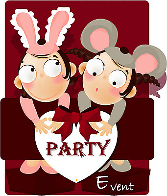 EPS 여자 어린이 일러스트 선물 사람 소녀 이벤트 두명 파티 축제 토끼 쥐 파티복 여자만 어린이만 소녀만 국내일러스트 옷 포유류 반려동물 설치류 파일형식 벡터
