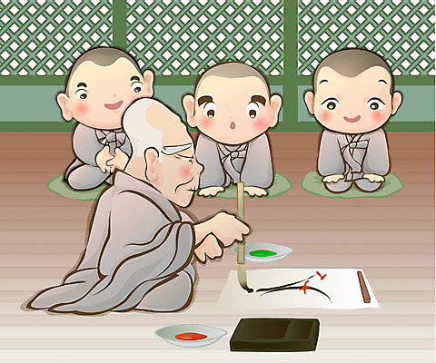 EPS 전통 기념일 남자 종교 불교 일러스트 실내 사람 여러명 부처님오신날 그리기 승려 동자승 남자만 국내일러스트 다수 모션 이벤트 내부 성직자 파일형식 벡터