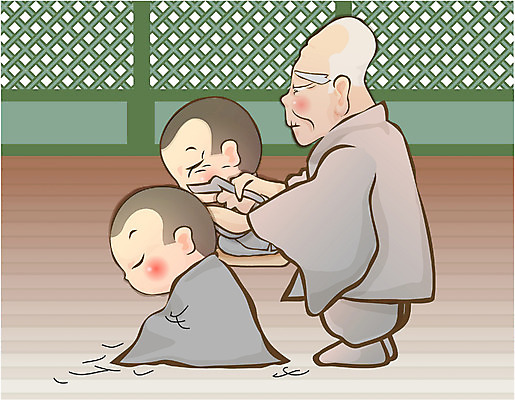 EPS 전통 기념일 남자 종교 불교 일러스트 실내 사람 세명 부처님오신날 이발 승려 동자승 삭발 남자만 국내일러스트 이벤트 내부 성직자 파일형식 벡터