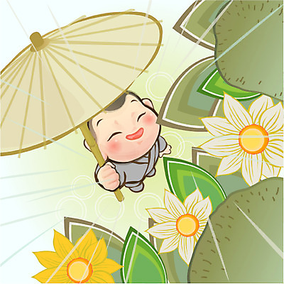 전통 기념일 남자 종교 초등학생 어린이 불교 일러스트 우산 한명 사람 소년 부처님오신날 비 승려 동자승 남자만 남자한명만 어린이만 소년만 소년한명만 국내일러스트 자연요소 1 학생 날씨 이벤트 성직자