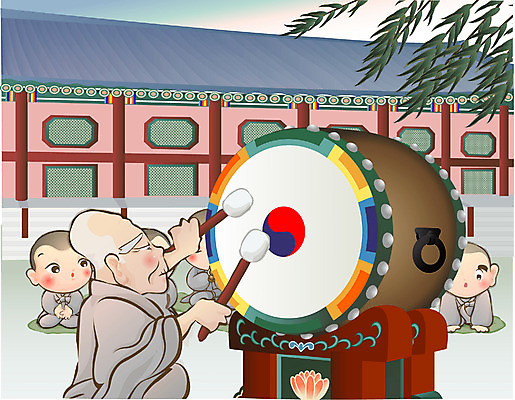 EPS 주간 전통 기념일 남자 종교 불교 일러스트 타악기 국악기 사람 여러명 야외 부처님오신날 승려 북 동자승 남자만 국내일러스트 자연요소 악기 다수 국악 이벤트 성직자 파일형식 벡터