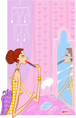 라이프스타일 여자 일러스트 주택 실내 사람 라이프 생활 청춘 화장 뷰티 화장품 거울 준비 아줌마 주부 샹들리에 화장대 미시라이프 여자만 세련 국내일러스트 중년 가구 컨셉 조명 내부 건물