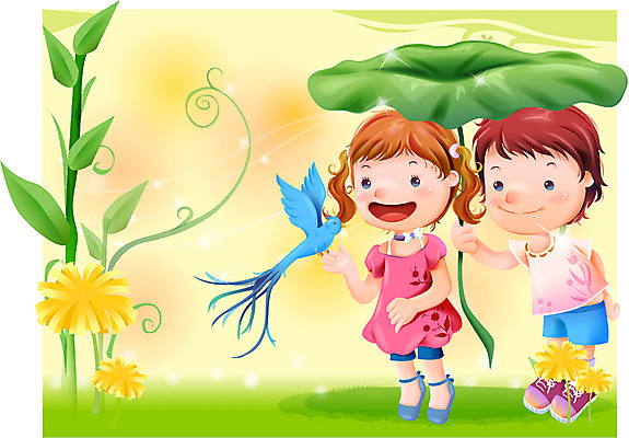 EPS 여자 남자 꽃 감정 어린이 일러스트 상상 자연 동화 사람 소녀 소년 야외 두명 민들레 순수 연잎 파랑새 어린이만 국내일러스트 식물 컨셉 잎 조류 생태계 파일형식 벡터