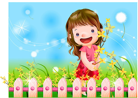 EPS 주간 계절 여자 꽃 감정 초등학생 어린이 일러스트 상상 자연 동화 한명 사람 소녀 야외 울타리 봄 개나리 순수 여자만 여자한명만 어린이만 소녀만 소녀한명만 국내일러스트 자연요소 식물 1 학생 컨셉 담장 생태계 파일형식 벡터