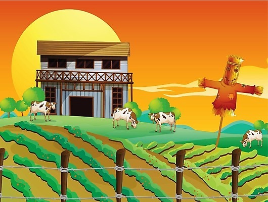 EPS 해외이미지 나무 식물 동물 구름 잎 밭 채소 일러스트 자연 하늘 사람없음 야외 농작물 울타리 농장 농경지 일몰 소 농부 오두막 그림 외양간 밭일 해외202004 해외일러스트 자연요소 직업 농업 포유류 담장 노을 생태계 파일형식 벡터