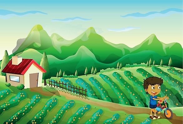 EPS 해외이미지 클립아트 나무 식물 남자 어린이 밭 일러스트 하늘 사람 소년 초록색 농작물 울타리 농장 자전거 언덕 그림 밭일 소년한명만 해외202004 해외일러스트 컬러 농업 담장 바이크 남자한명만 소년만 파일형식 벡터