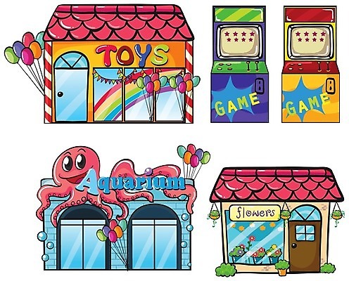 EPS 해외이미지 캐릭터 화분 일러스트 사람없음 건물 세트 상점 게임기 꽃집 문어 풍선 아쿠아리움 장난감가게 해외일러스트 일러캐릭터 건축물 연체동물 수중동물 수족관 파일형식 벡터