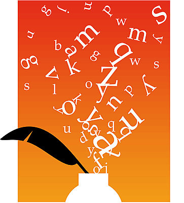 EPS 해외이미지 무료이미지 디자인 알파벳 교육 백그라운드 일러스트 잉크 타이포그라피 사람없음 주황색 깃털펜 잉크통 해외202004 해외일러스트 문자 영어 컬러 통 펜 파일형식 벡터 무료콘텐츠