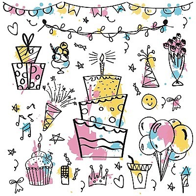 EPS 해외이미지 음료 꽃다발 라인일러스트 일러스트 아이스크림 사람없음 선물상자 세트 생일파티 낙서 생일케이크 풍선 가랜드 해외202004 해외일러스트 꽃 디저트 선물 상자 케이크 생일 파티용품 파일형식 벡터