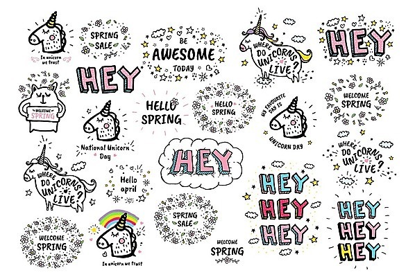 EPS 해외이미지 별 스티커 일러스트 상상 뿔 사람없음 세트 컬러풀 낙서 신비 그림 유니콘 환상 해외202004 해외일러스트 자연요소 컬러 컨셉 파일형식 벡터