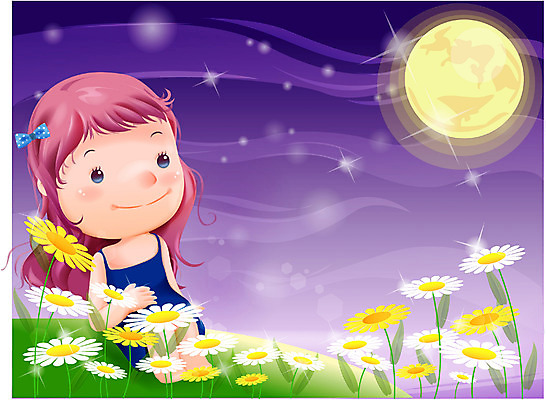 EPS 여자 꽃 감정 초등학생 어린이 일러스트 상상 자연 동화 한명 사람 소녀 야외 들꽃 보름달 달 야간 순수 달맞이 여자만 여자한명만 어린이만 소녀만 소녀한명만 국내일러스트 자연요소 식물 1 학생 컨셉 생태계 파일형식 벡터