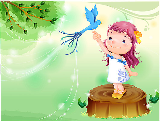 EPS 여자 감정 초등학생 어린이 일러스트 상상 자연 조류 동화 한명 사람 소녀 숲속 순수 나무밑둥 파랑새 여자만 여자한명만 어린이만 소녀만 소녀한명만 국내일러스트 나무 동물 1 학생 컨셉 숲 생태계 파일형식 벡터