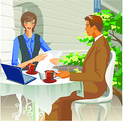 EPS 여자 남자 커피 일러스트 비즈니스 사람 앉기 상반신 성인 두명 컵 노트북 업무 직장인 비즈니스맨 비즈니스우먼 커피잔 성인만 국내일러스트 직업 식기 음료 모션 잔 전자제품 작업 파일형식 벡터