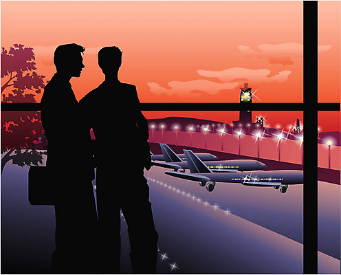 EPS 남자 일러스트 비즈니스 교통시설 모션 서기 사람 상반신 성인 야외 두명 업무 직장인 비즈니스맨 공항 야간 출장 남자만 성인남자만 성인만 국내일러스트 자연요소 직업 교통 작업 시설 파일형식 벡터