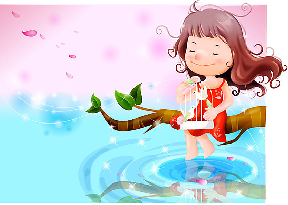 EPS 여자 감정 호수 초등학생 어린이 일러스트 상상 자연 동화 요정 한명 사람 소녀 야외 나뭇가지 순수 새장 여자만 여자한명만 어린이만 소녀만 소녀한명만 국내일러스트 나무 1 학생 컨셉 생태계 케이지 파일형식 벡터