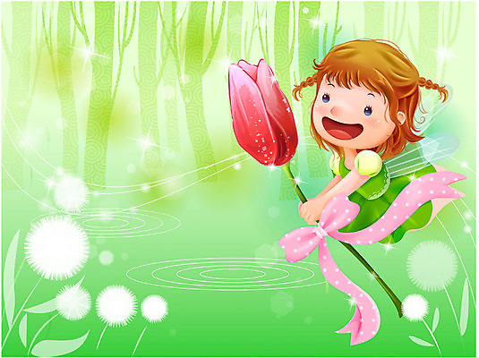 EPS 여자 꽃 감정 호수 초등학생 어린이 날개 일러스트 상상 자연 동화 요정 한명 사람 소녀 야외 튤립 순수 여자만 여자한명만 어린이만 소녀만 소녀한명만 국내일러스트 식물 1 학생 컨셉 생태계 파일형식 벡터