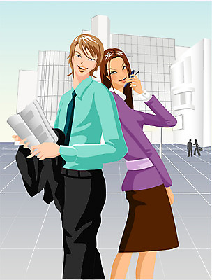 EPS 주간 여자 남자 일러스트 비즈니스 서기 사람 빌딩 상반신 성인 야외 두명 업무 직장인 비즈니스맨 비즈니스우먼 성인만 국내일러스트 자연요소 직업 모션 건물 작업 파일형식 벡터