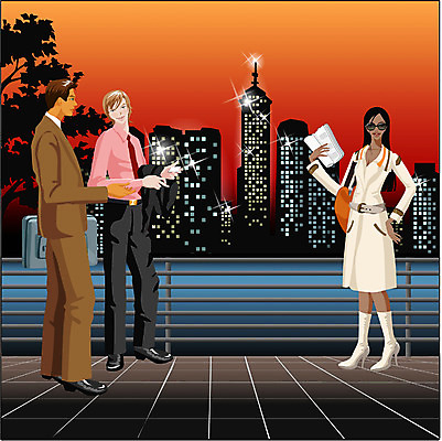 EPS 전신 외국인 여자 남자 일러스트 비즈니스 서기 사람 빌딩 성인 야외 세명 업무 직장인 비즈니스맨 비즈니스우먼 야간 성인만 국내일러스트 자연요소 직업 모션 인종 건물 작업 파일형식 벡터