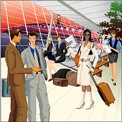 EPS 여자 남자 일러스트 비즈니스 교통시설 모션 실내 사람 여러명 성인 업무 직장인 비즈니스맨 비즈니스우먼 공항 출장 성인만 국내일러스트 직업 다수 교통 내부 작업 시설 파일형식 벡터