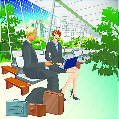 EPS 주간 전신 외국인 여자 남자 일러스트 비즈니스 교통시설 모션 실내 사람 앉기 정장 성인 두명 업무 직장인 비즈니스맨 비즈니스우먼 공항 출장 성인만 국내일러스트 자연요소 직업 옷 교통 인종 내부 작업 시설 파일형식 벡터