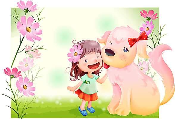 EPS 여자 꽃 감정 초등학생 어린이 일러스트 상상 자연 동화 한명 사람 소녀 야외 개 강아지 순수 코스모스 여자만 여자한명만 어린이만 소녀만 소녀한명만 국내일러스트 식물 1 학생 컨셉 포유류 반려동물 생태계 파일형식 벡터
