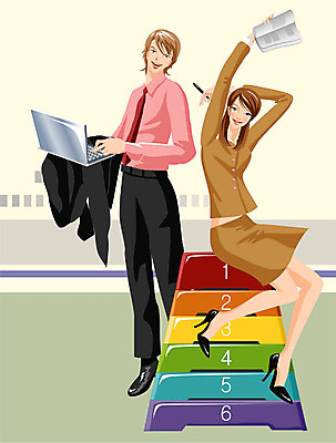 EPS 전신 여자 남자 일러스트 비즈니스 실내 사람 성인 두명 노트북 업무 직장인 비즈니스맨 비즈니스우먼 뜀틀 성인만 국내일러스트 직업 스포츠용품 내부 전자제품 작업 파일형식 벡터