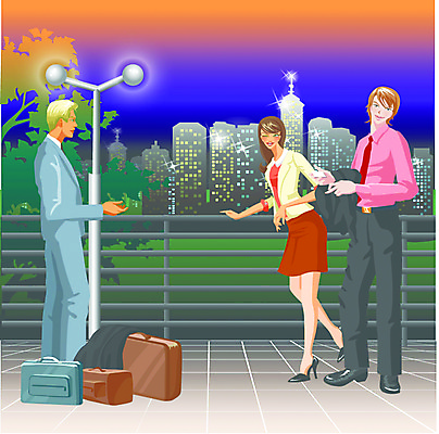 EPS 전신 외국인 여자 남자 야경 가방 일러스트 비즈니스 서기 사람 성인 야외 세명 업무 직장인 비즈니스맨 비즈니스우먼 성인만 국내일러스트 직업 잡화 모션 인종 작업 야간 파일형식 벡터 풍경_경치