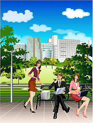 EPS 주간 전신 공원 공공시설 여자 남자 벤치 의자 일러스트 비즈니스 사람 빌딩 성인 야외 세명 노트북 업무 직장인 비즈니스맨 비즈니스우먼 문서 성인만 국내일러스트 자연요소 직업 가구 건물 전자제품 작업 시설 파일형식 벡터