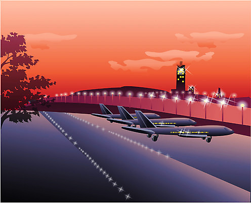 EPS 시설물 현대건축 건축 백그라운드 야경 일러스트 비즈니스 교통시설 밤하늘 조명 비행기 사람없음 야외 노을 공항 활주로 관제탑 국내일러스트 자연요소 건축물 길 교통 항공교통 하늘 대중교통 야간 시설 파일형식 벡터 풍경_경치