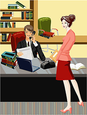 EPS 여자 남자 일러스트 비즈니스 책장 실내 사람 정장 성인 두명 노트북 사무실 업무 직장인 비즈니스맨 비즈니스우먼 책상 통화 비서 성인만 국내일러스트 직업 옷 가구 모션 내부 전자제품 작업 파일형식 벡터