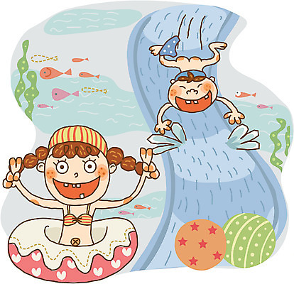 EPS 라이프스타일 계절 여자 남자 초등학생 어린이 여행 일러스트 물놀이 방학 휴가 수영장 여름방학 사람 두명 여름 어린이만 국내일러스트 학생 놀이 생활 파일형식 벡터 여름_계절