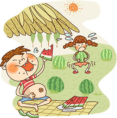 EPS 주간 라이프스타일 계절 여자 어린이교육 교육 남자 초등학생 어린이 일러스트 방학 수박 여름방학 사람 야외 두명 여름 원두막 어린이만 국내일러스트 자연요소 학생 과일 휴가 생활 파일형식 벡터 여름_계절