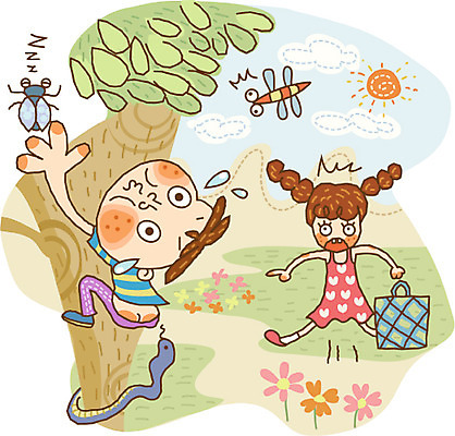EPS 주간 라이프스타일 계절 여자 어린이교육 교육 남자 초등학생 어린이 곤충 일러스트 방학 여름방학 사람 야외 두명 여름 시골 수집 매미 어린이만 국내일러스트 자연요소 동물 학생 휴가 생활 파일형식 벡터 여름_계절