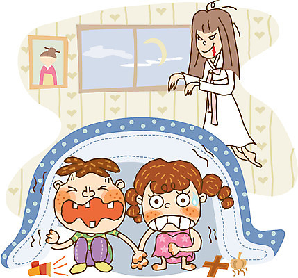 EPS 라이프스타일 계절 여자 어린이교육 교육 남자 초등학생 어린이 일러스트 방학 실내 여름방학 사람 세명 유령 야간 무서움 공포 어린이만 국내일러스트 자연요소 학생 감정 휴가 내부 생활 파일형식 벡터 여름_계절