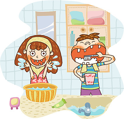 EPS 라이프스타일 계절 여자 어린이교육 교육 남자 초등학생 어린이 일러스트 방학 실내 여름방학 사람 두명 양치 세수 어린이만 국내일러스트 학생 휴가 내부 생활 청결 파일형식 벡터 여름_계절