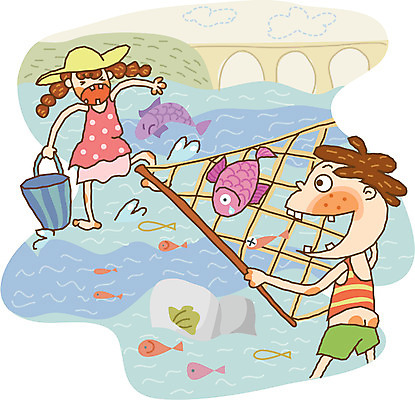 EPS 주간 라이프스타일 계절 여자 어린이교육 교육 남자 초등학생 어린이 일러스트 방학 여름방학 사람 야외 두명 여름 시골 개울 고기잡기 물고기잡기 어린이만 국내일러스트 자연요소 학생 휴가 생활 강 잡기 파일형식 벡터 여름_계절