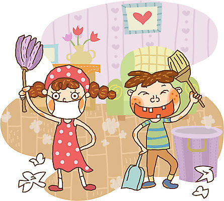 EPS 라이프스타일 계절 여자 남자 초등학생 어린이 가사 일러스트 방학 실내 여름방학 사람 두명 청소 어린이만 국내일러스트 학생 휴가 내부 생활 파일형식 벡터 여름_계절