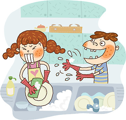 EPS 라이프스타일 계절 여자 남자 초등학생 어린이 가사 일러스트 방학 실내 여름방학 사람 두명 하이앵글 설거지 어린이만 국내일러스트 학생 뷰포인트 휴가 내부 생활 파일형식 벡터 여름_계절