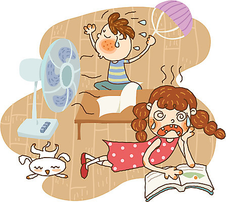 EPS 라이프스타일 계절 여자 어린이교육 교육 남자 초등학생 어린이 일러스트 방학 실내 여름방학 사람 두명 여름 선풍기 개 더위 어린이만 국내일러스트 학생 포유류 날씨 휴가 내부 생활 가전제품 파일형식 벡터 여름_계절